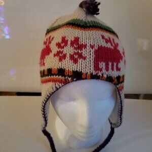 Toque Hat Lined Size Youth Large Unisex Knit with Moose Design and Braded Ties